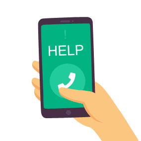animated hand holding a phone, that has a green phone icon and the world 'help' on it