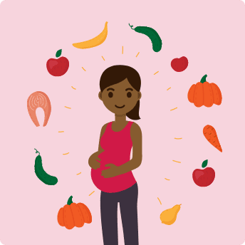 graphic of a pregnant woman, who is holding her stomach, and is surrounded by different types of fruit